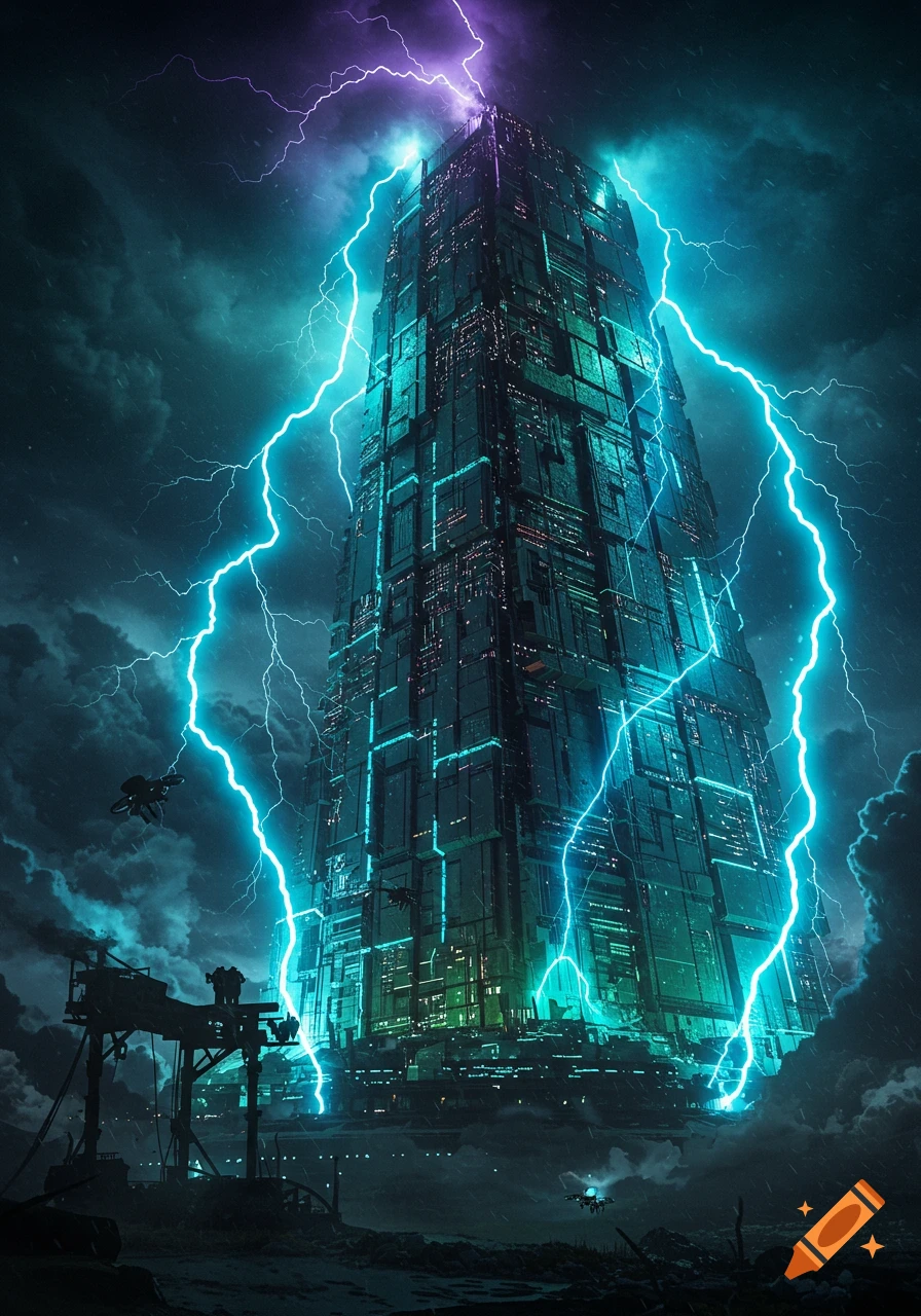 A tall, futuristic iridescent sci-fi tower being struck by bright blue lightning during a dark, stormy night.