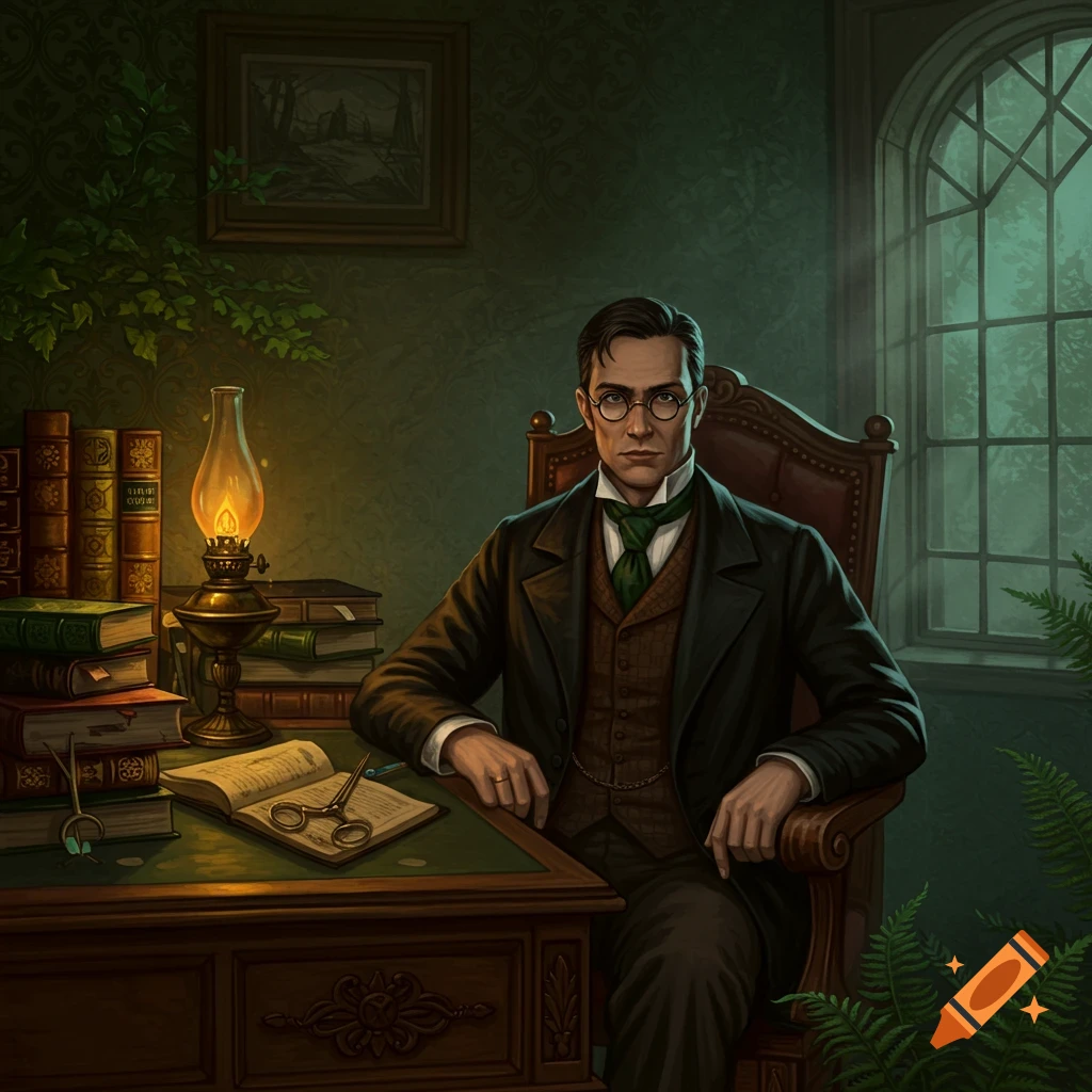 A man in glasses and Victorian attire sits at a desk in a dimly lit study with books and a lamp.