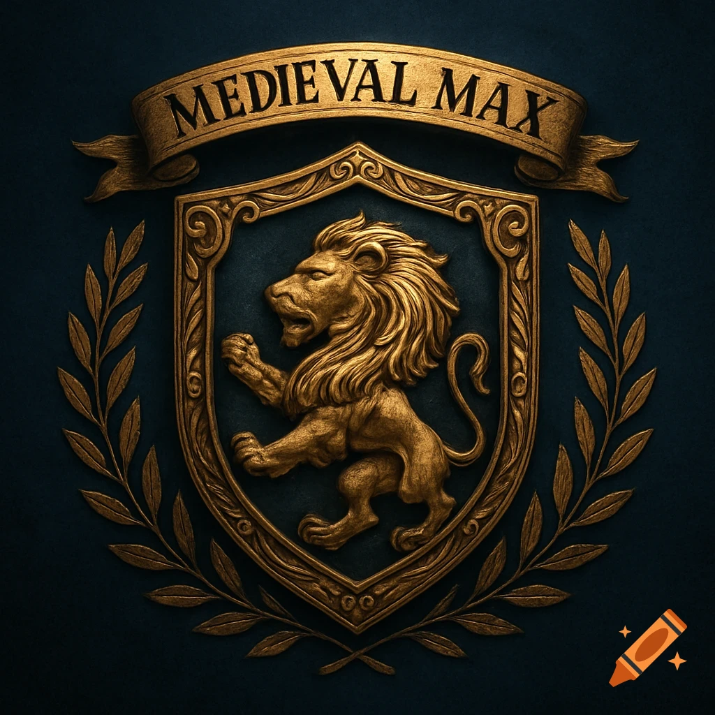 An ornate golden medieval crest featuring a rampant lion, surrounded by laurel branches, with a banner above reading 'MEDIEVAL MAX' on a dark blue background.