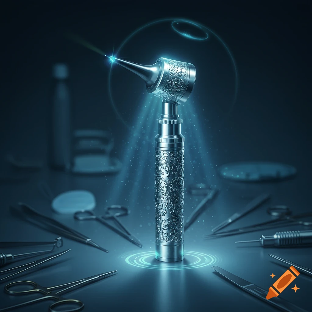 A stylized, glowing silver otoscope stands upright surrounded by other surgical instruments on a dark surface.
