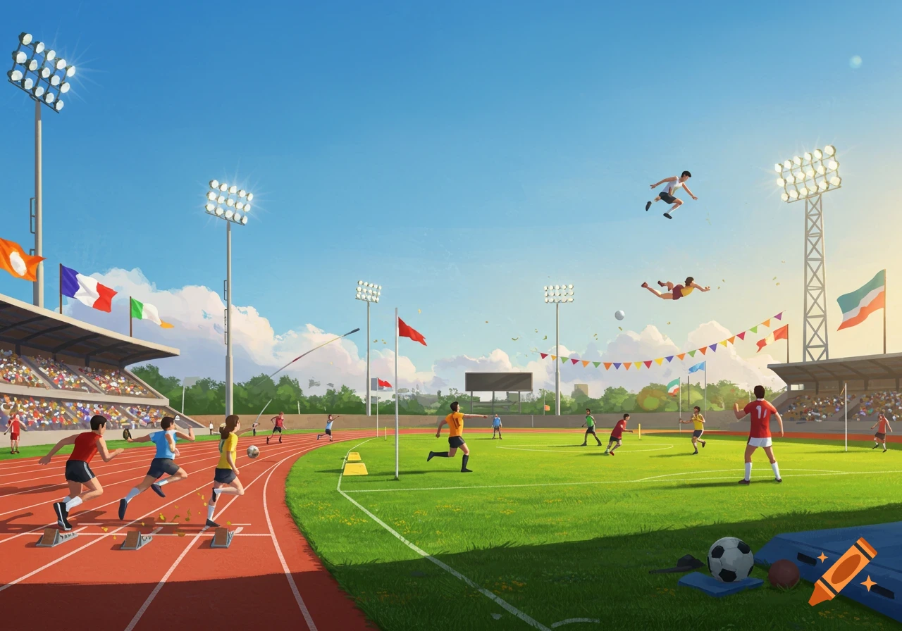 A vibrant, stylized illustration of a busy sports stadium, showing athletes running on a track, playing soccer, pole vaulting, and flying through the air, all under a bright blue sky with stadium lights.