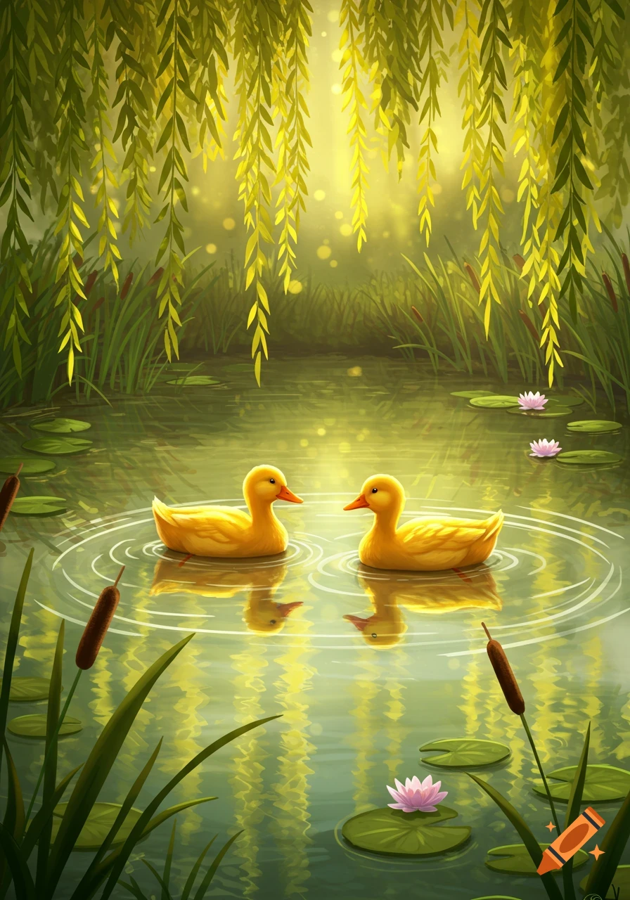 Two yellow ducklings float on a calm pond, surrounded by lily pads, cattails, and glowing weeping willow branches in an illustrative style.