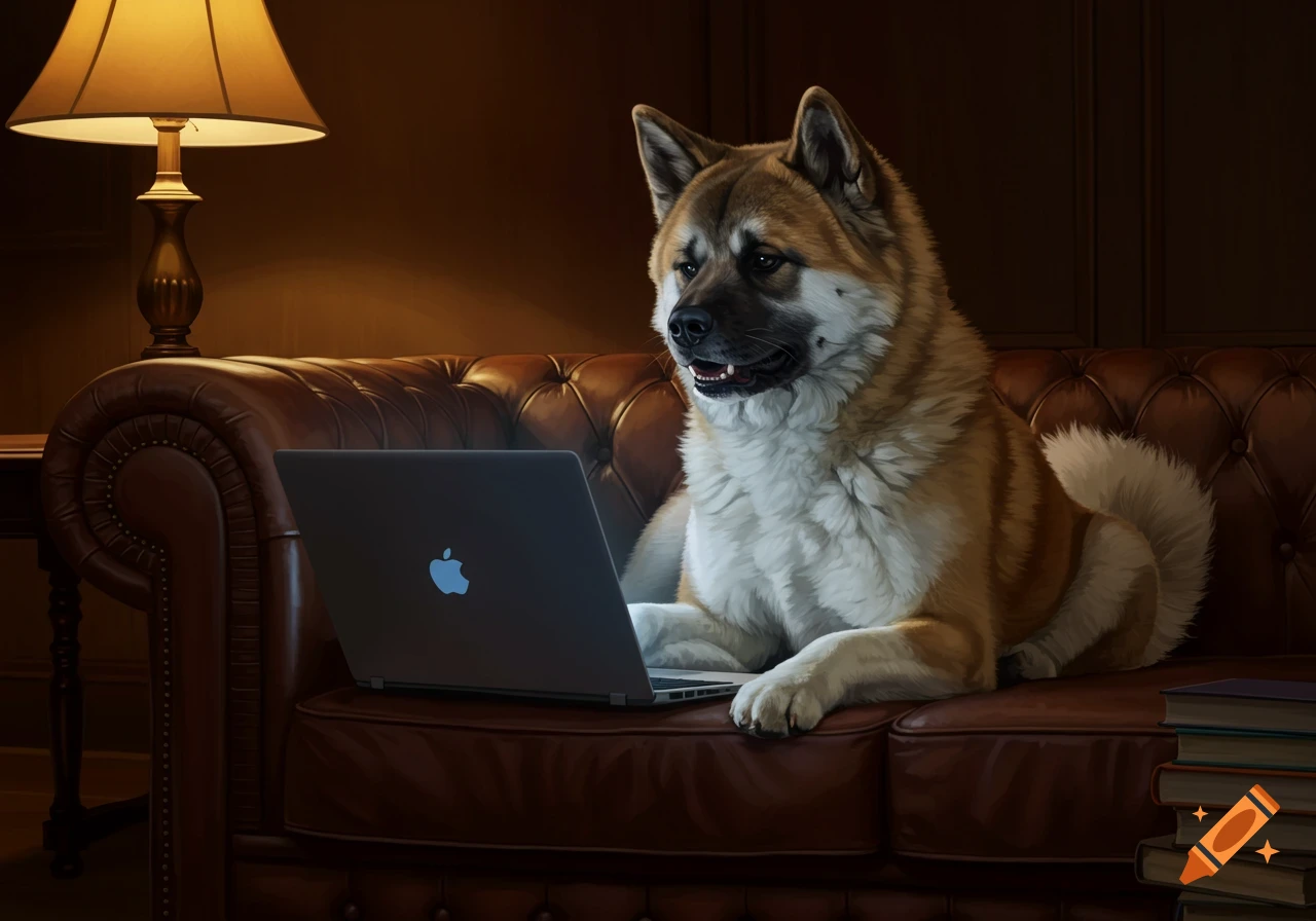 A photorealistic American Akita dog with a black muzzle sits on a brown leather sofa, looking at a laptop with an Apple logo.