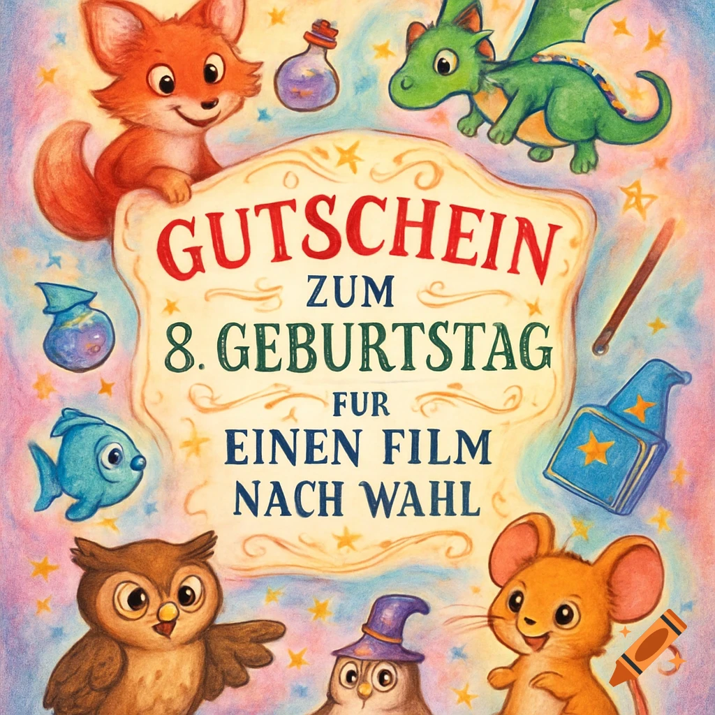 A colorful birthday voucher surrounded by cute cartoon animals and magical items in a whimsical style.