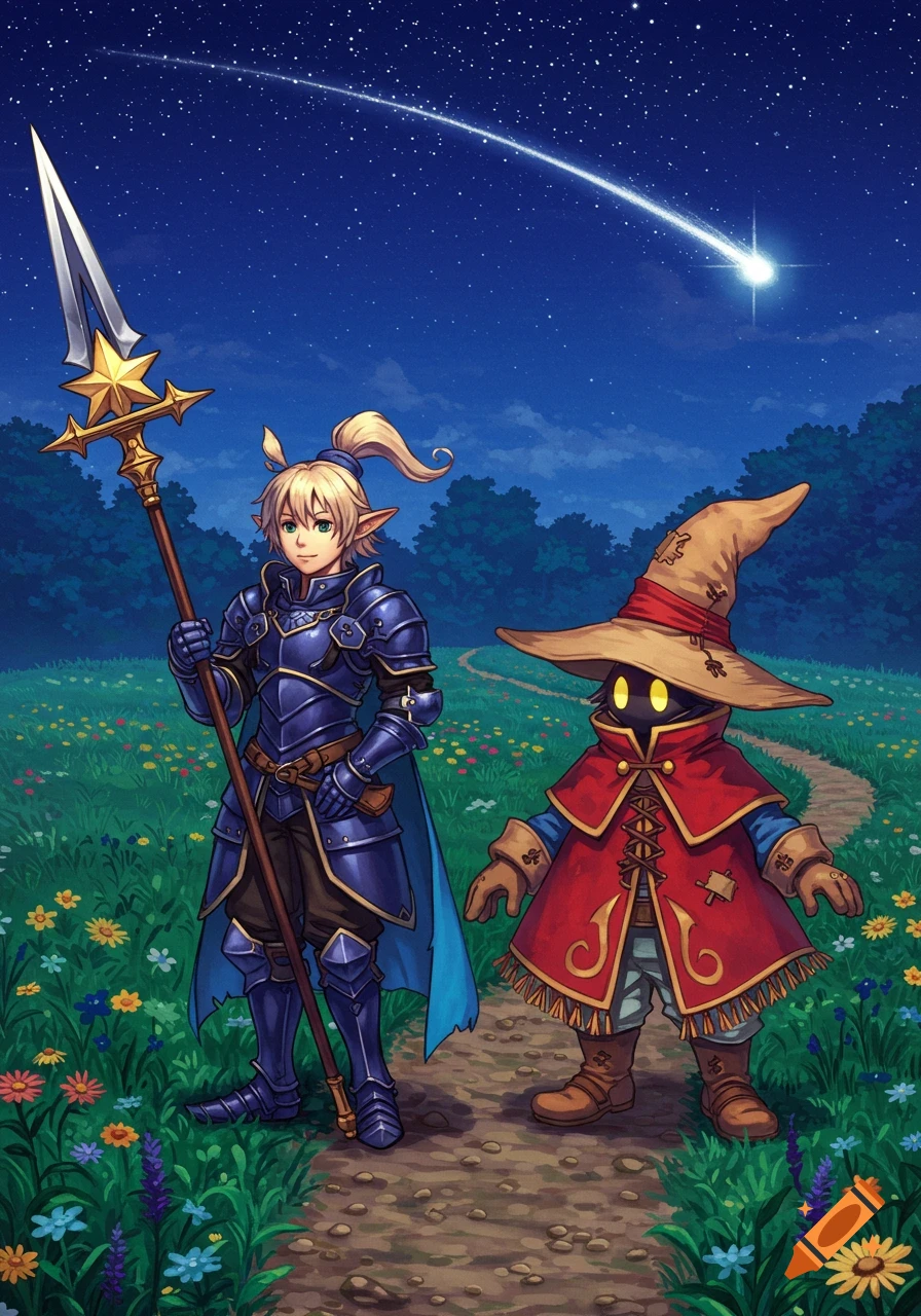 Anime-style fantasy image of a blonde knight with a spear and a black mage in a red robe standing in a starry meadow with a shooting star.