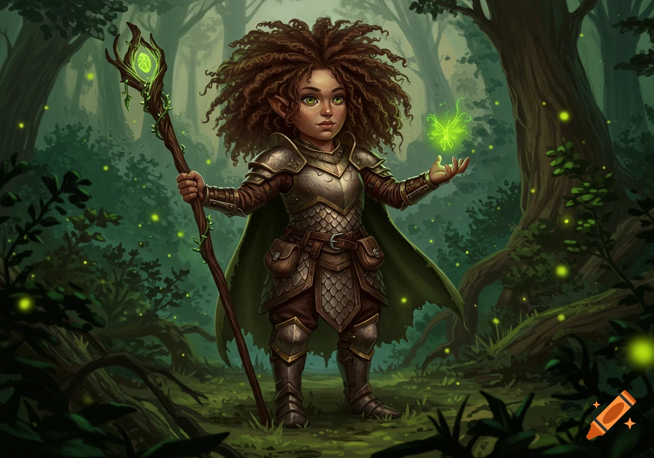 A small, curly-haired halfling druid in armor stands in a magical forest, holding a glowing staff and conjuring a green fairy.