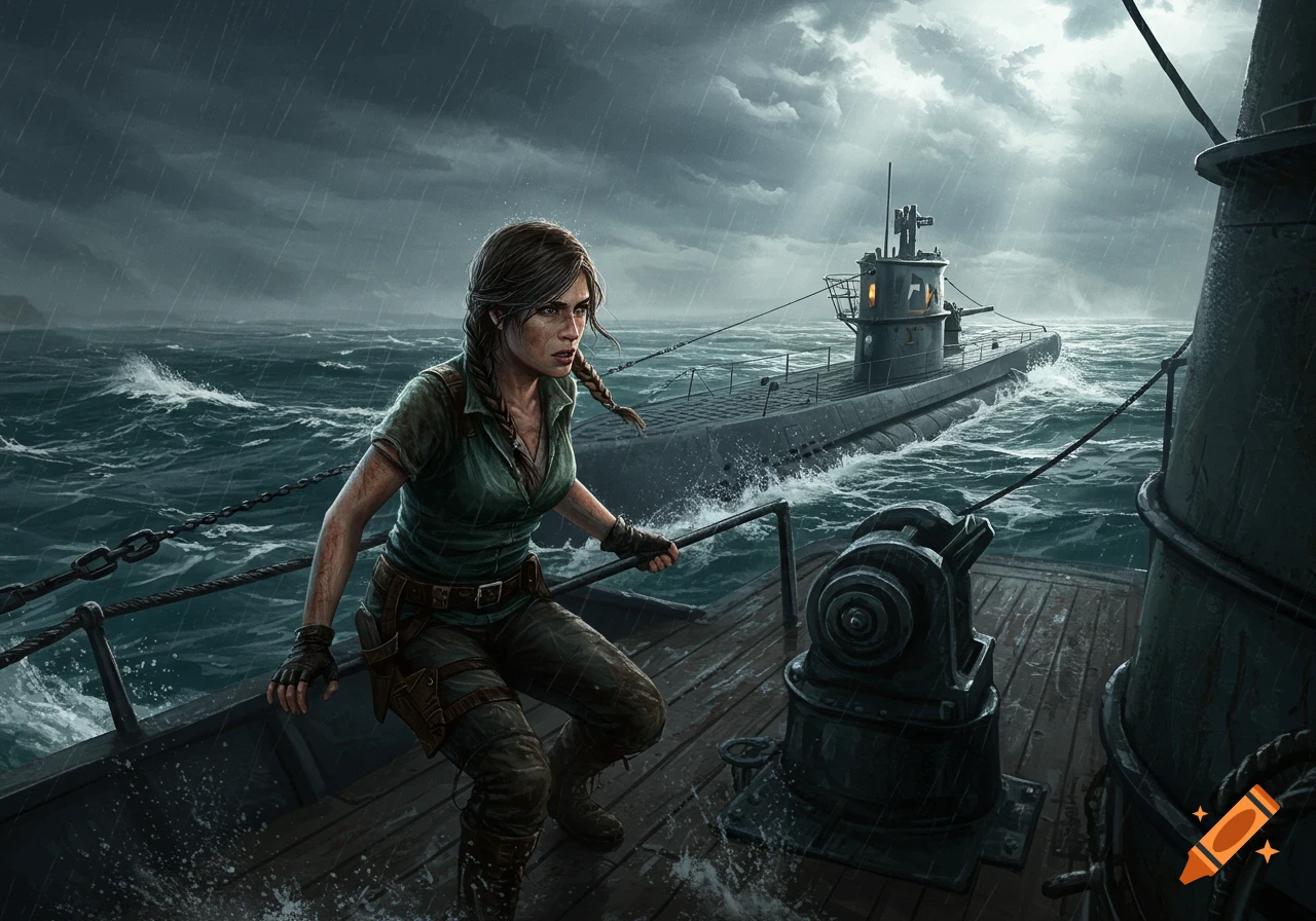 A determined woman on a stormy boat deck, a submarine behind her in rough seas, digital painting.