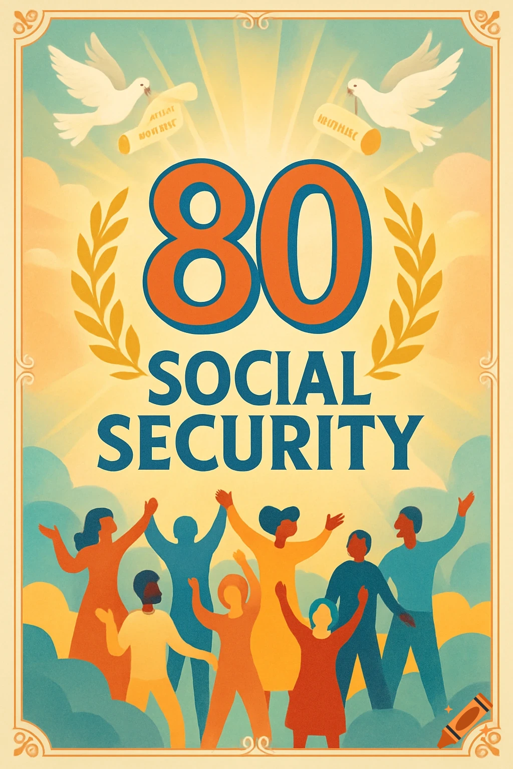 A retro-style poster for 80 Social Security, featuring stylized figures, a laurel wreath, sun rays, and doves with scrolls.