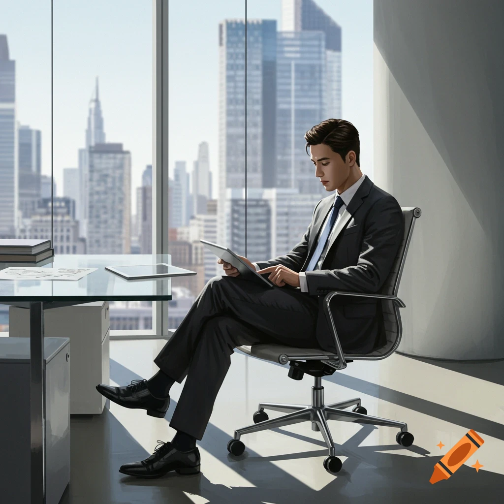 A photorealistic image of a young man in a suit sitting in a modern office, looking at a tablet, with a city view outside.