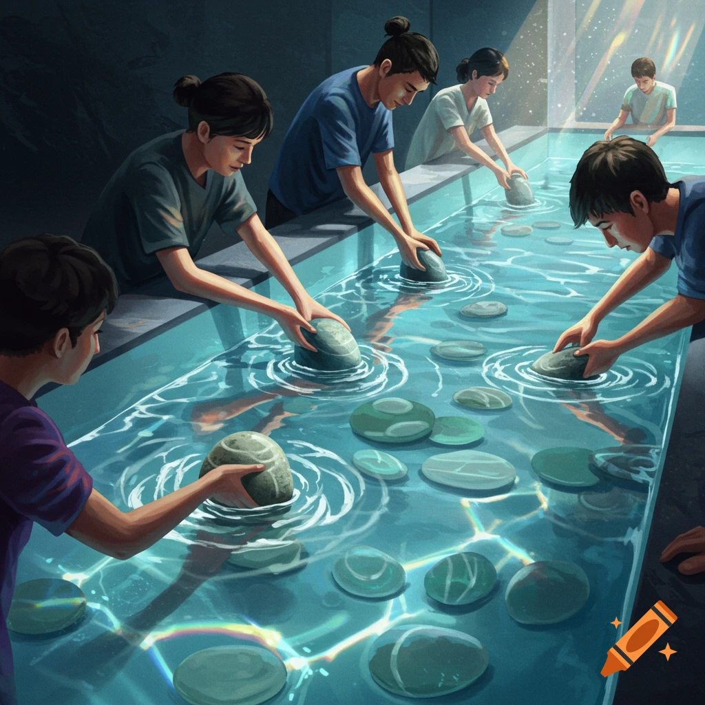 Illustration of people gently placing stones into a tank of rippling water, with light patterns reflecting on the surface.