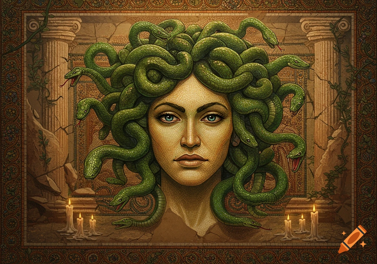 A detailed mosaic art depiction of Medusa with green snakes for hair and blue eyes, framed by ancient columns and lit candles.