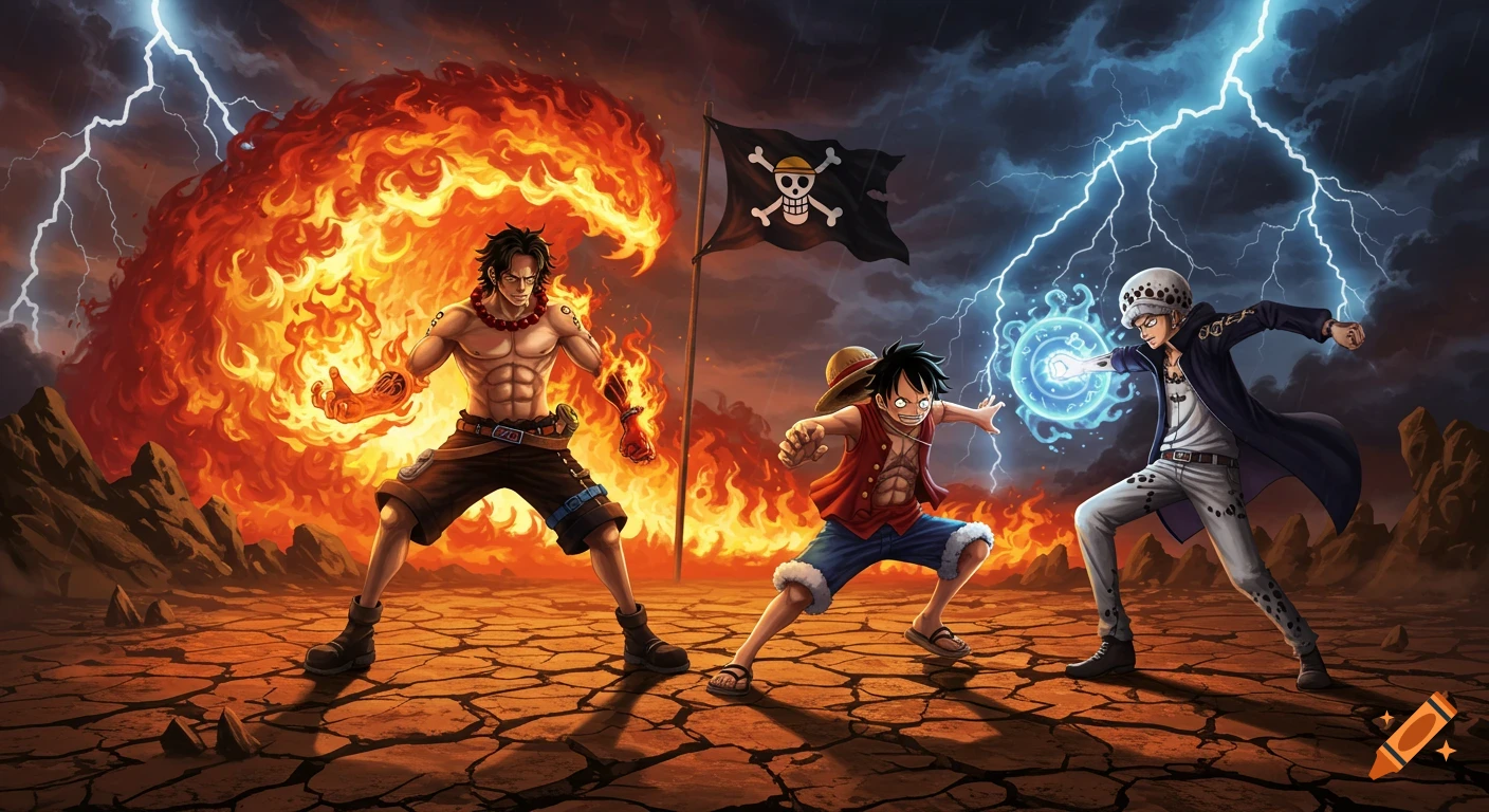 Ace, Luffy, and Law stand on a cracked, fiery battlefield under a lightning-filled sky, with a pirate flag in the center.