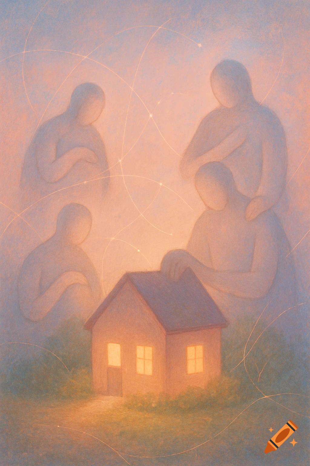 Ethereal, featureless figures surround a glowing house, connected by shimmering lines in a soft, painterly style.