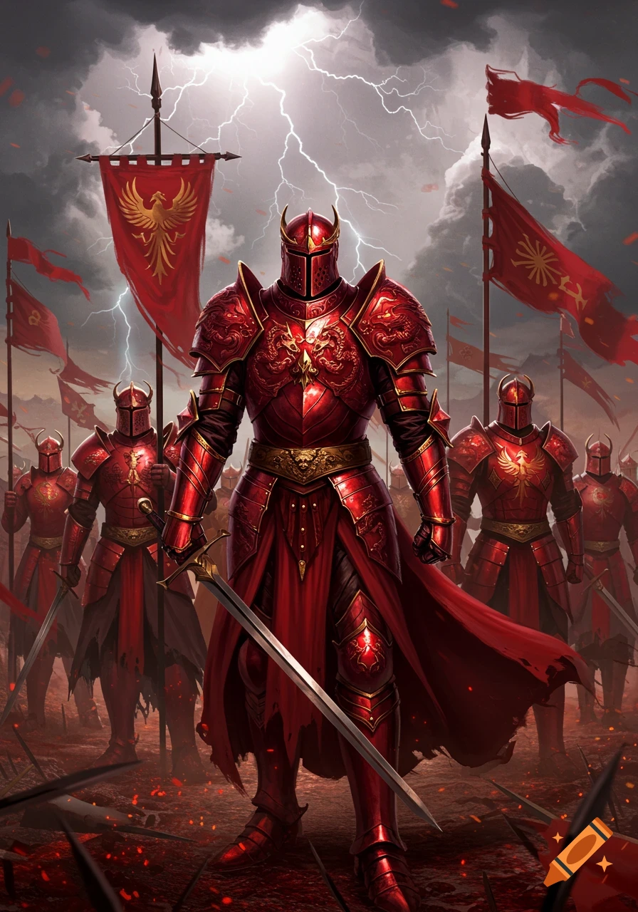 Red-armored knights with gold trim and phoenix banners stand on a battlefield under a stormy, lightning-filled sky.