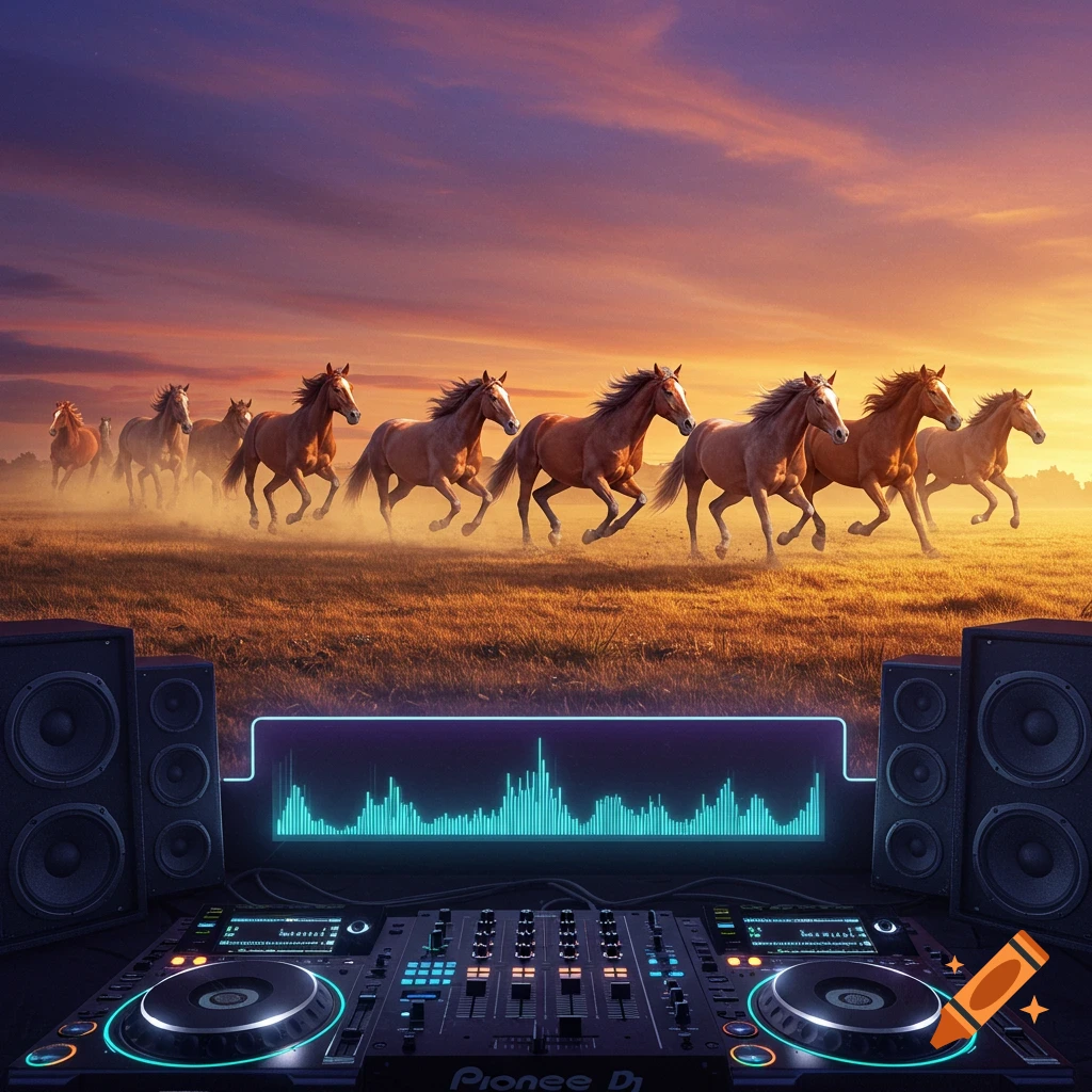 A herd of horses gallops across a grassy field at sunset, with a DJ mixing console and speakers in the foreground.