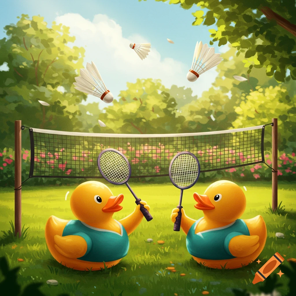 Two cartoon rubber ducks in teal shirts play badminton on a grassy court with a net, shuttlecocks in the air, and trees in the background.
