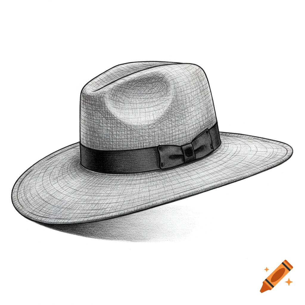 Pencil drawing of a fedora-style hat with a black band on a white background.