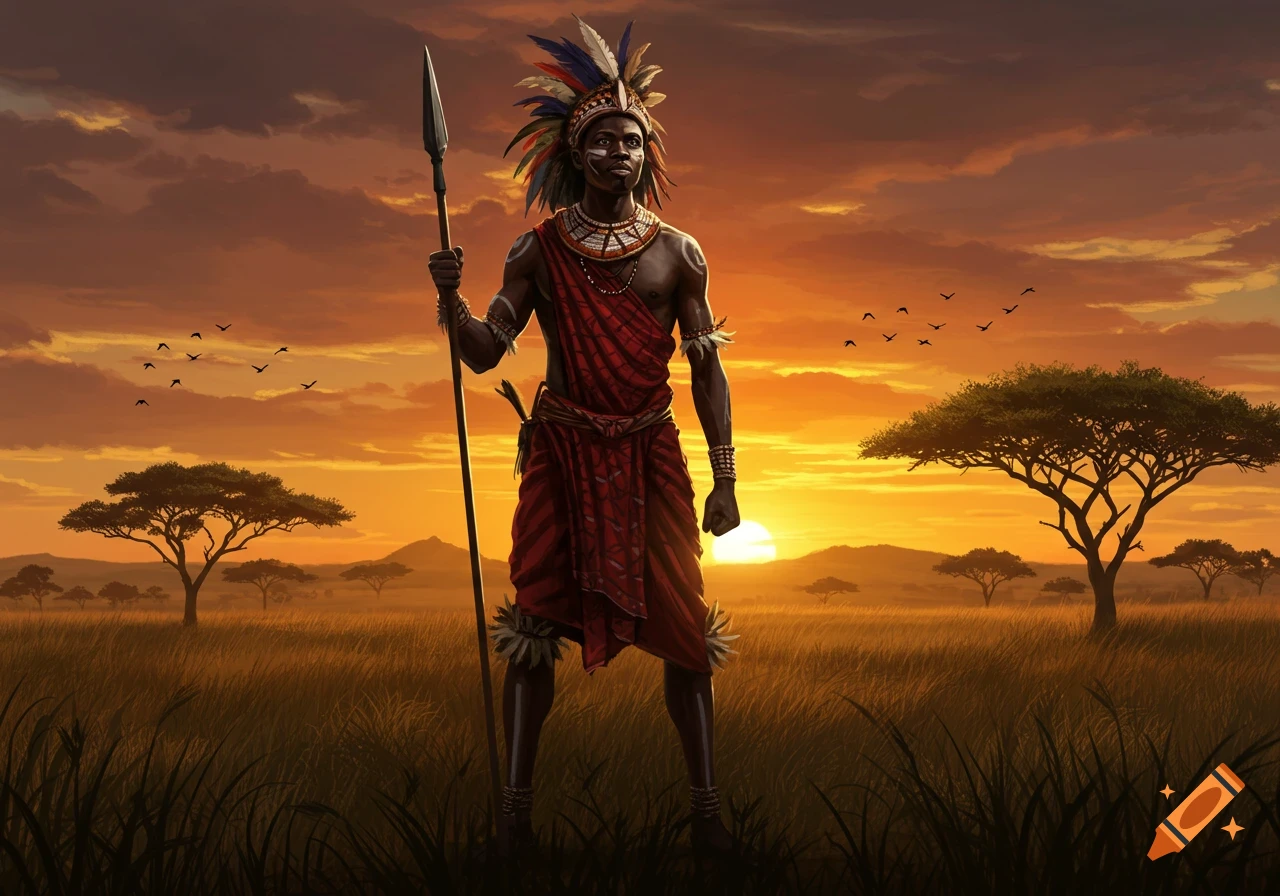 A proud African warrior in traditional attire holds a spear, standing in a golden savanna at sunset with acacia trees.