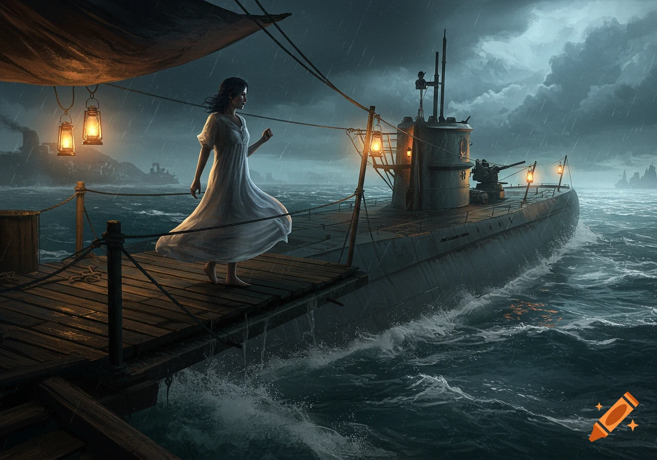 A woman in a white nightgown walks barefoot on a wooden pier next to a submarine on a stormy, rainy night. Lanterns cast warm light.
