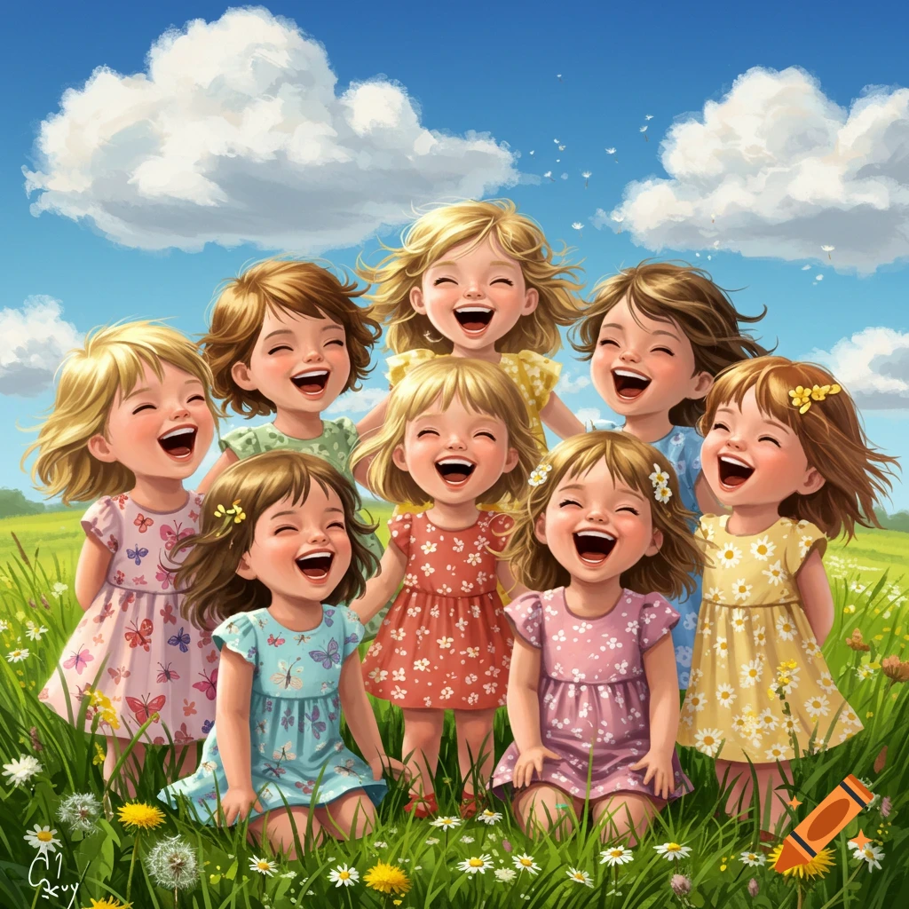 Seven young, happy girls with various hair colors laughing joyfully in a vibrant, sunlit flower field under a blue sky, in a cheerful illustration style.