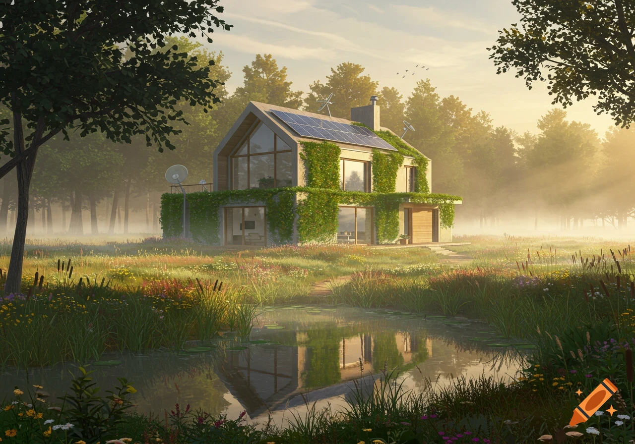 A photorealistic eco-house with solar panels and climbing vines by a reflective pond, surrounded by a misty forest and wildflowers.