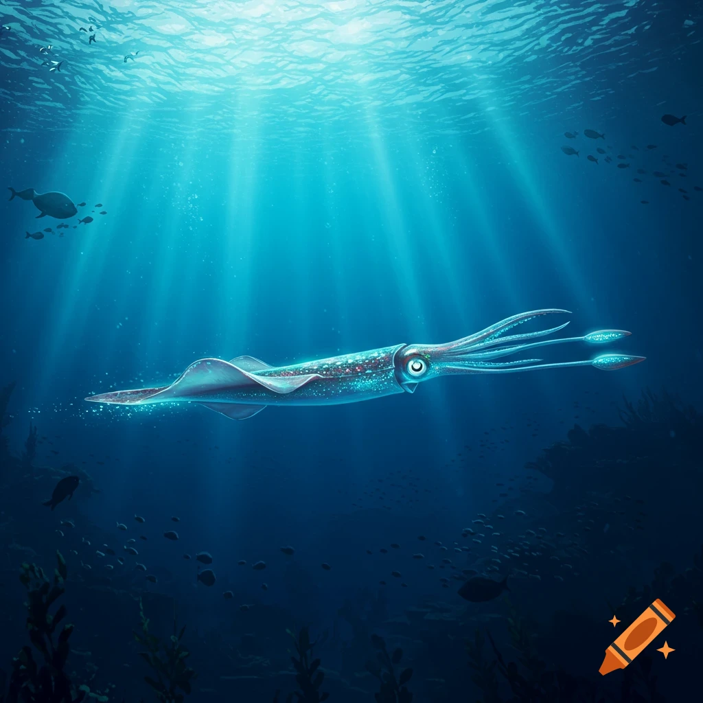 A stylized giant squid, glowing faintly, swims through deep blue ocean waters with sun rays streaming from above.