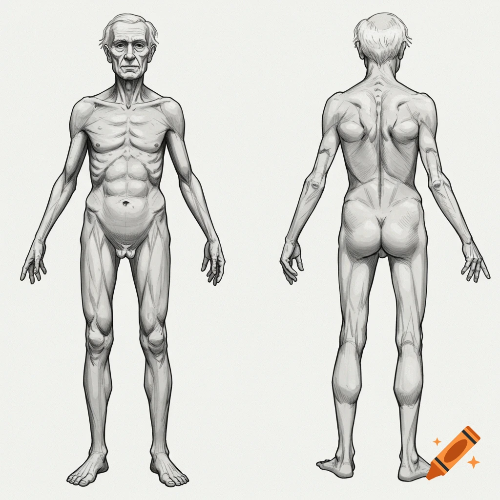 A detailed pencil drawing of a thin old man, full body, shown from the front and back for anatomical study.