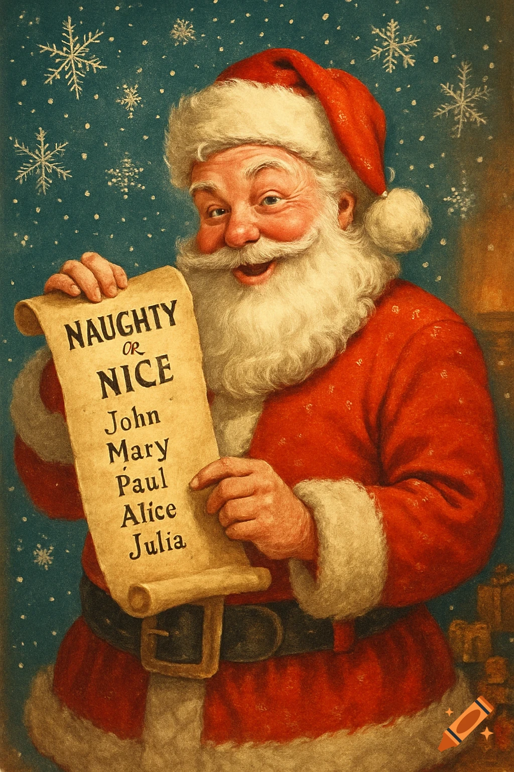 Jolly Santa Claus in a red suit and hat, smiling while holding and reading a 'Naughty or Nice' list scroll.