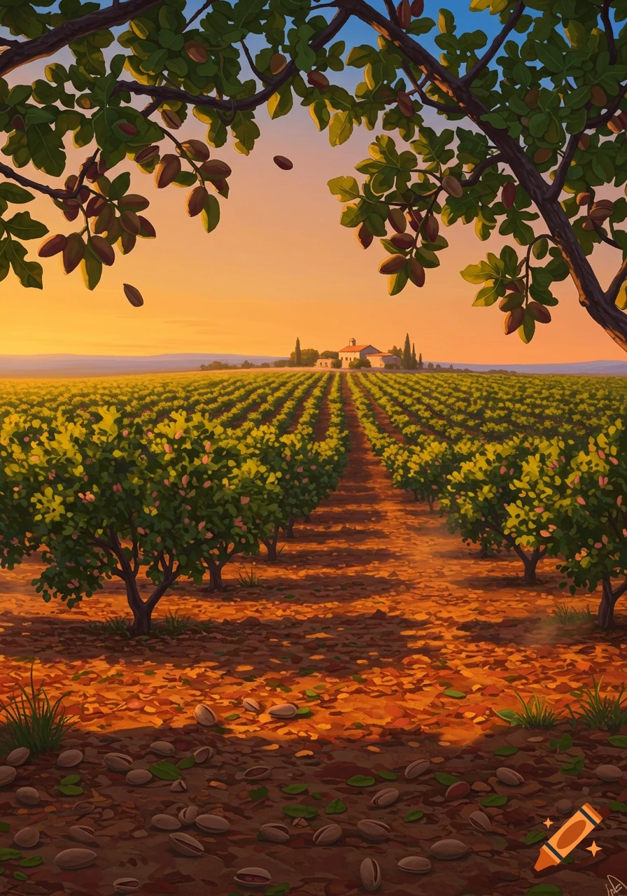 A vibrant illustration of a pistachio farm at sunset, with rows of trees extending to a distant house, under a warm sky.
