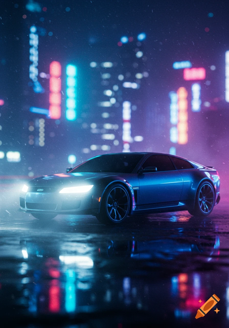 A sleek blue sports car with headlights on, reflected on a wet street in a neon-lit futuristic city at night.