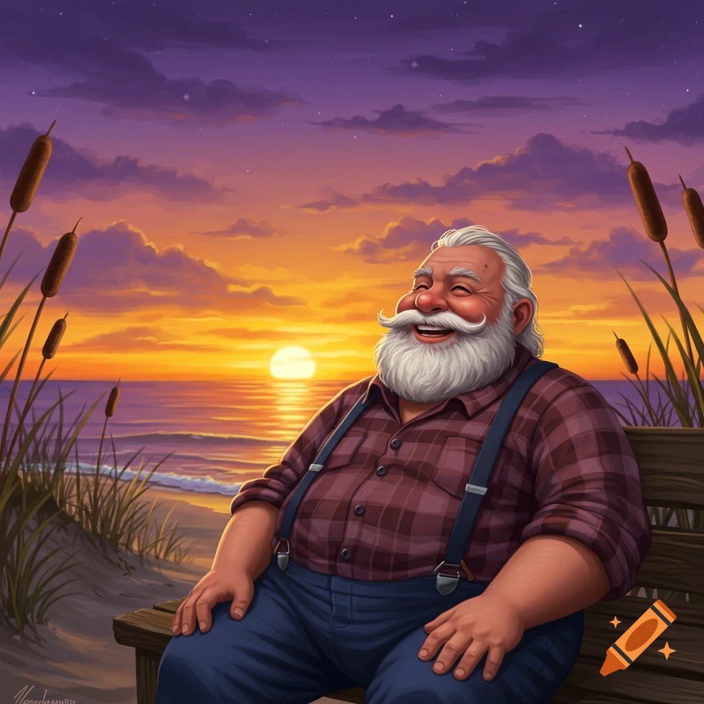 A smiling, bearded old man sits on a beach bench watching a vibrant sunset over the ocean, stylized illustration.