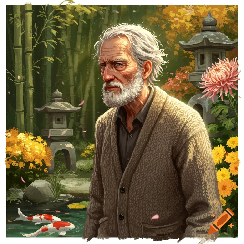 An old man with a white beard in a tranquil Japanese garden featuring bamboo, koi fish, and chrysanthemums.