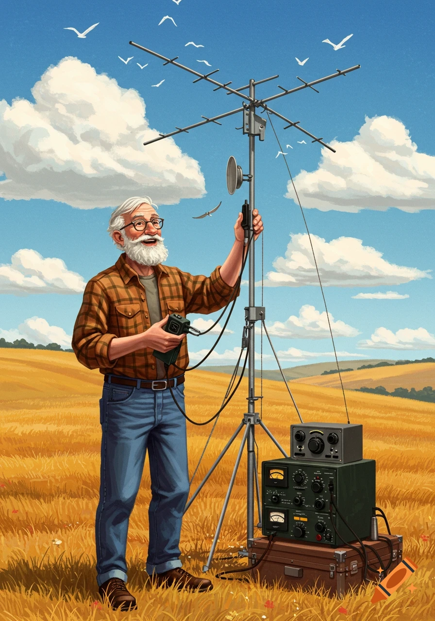 A bearded man in a plaid shirt and jeans adjusts a tall radio antenna in a golden field, with radio equipment on the ground under a clear blue sky.