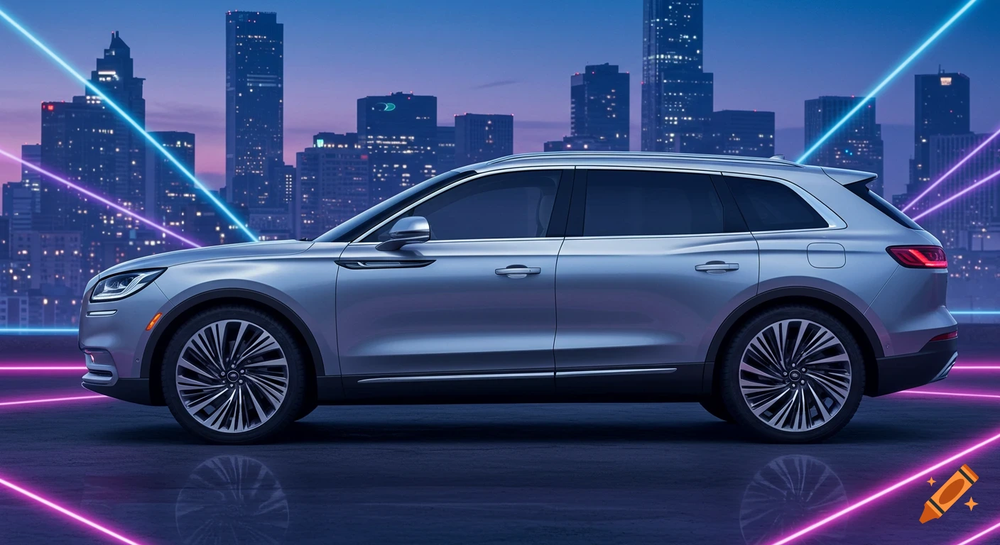 A silver Lincoln Nautilus Hybrid SUV parked at night with a futuristic city skyline and neon laser lights in the background, photorealistic style.