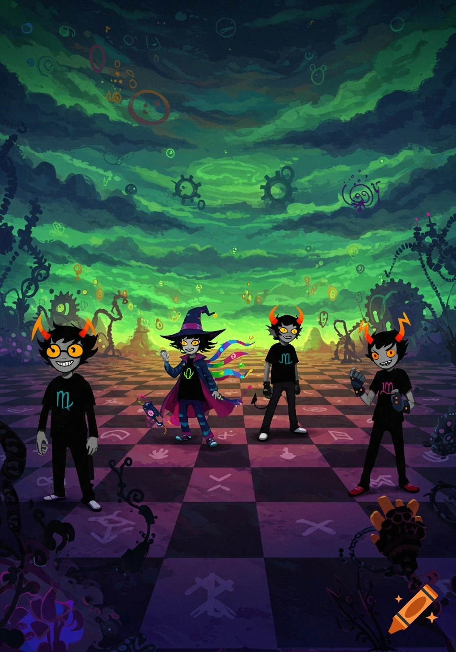 Four Homestuck characters on a checkered ground beneath a green, stormy sky with floating gears, one in a wizard hat and colorful cloak.