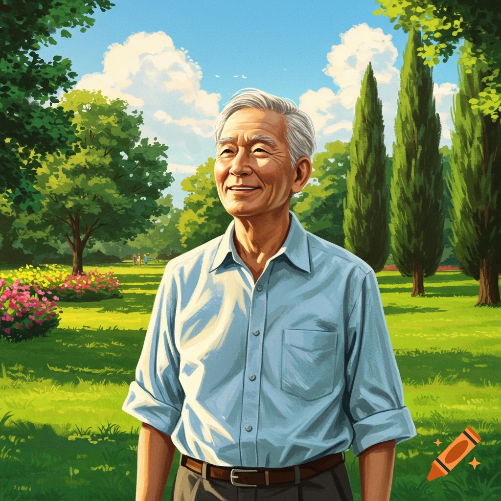 A smiling elderly Asian man with gray hair in a light blue shirt stands in a lush green park under a bright blue sky, in a painterly style.