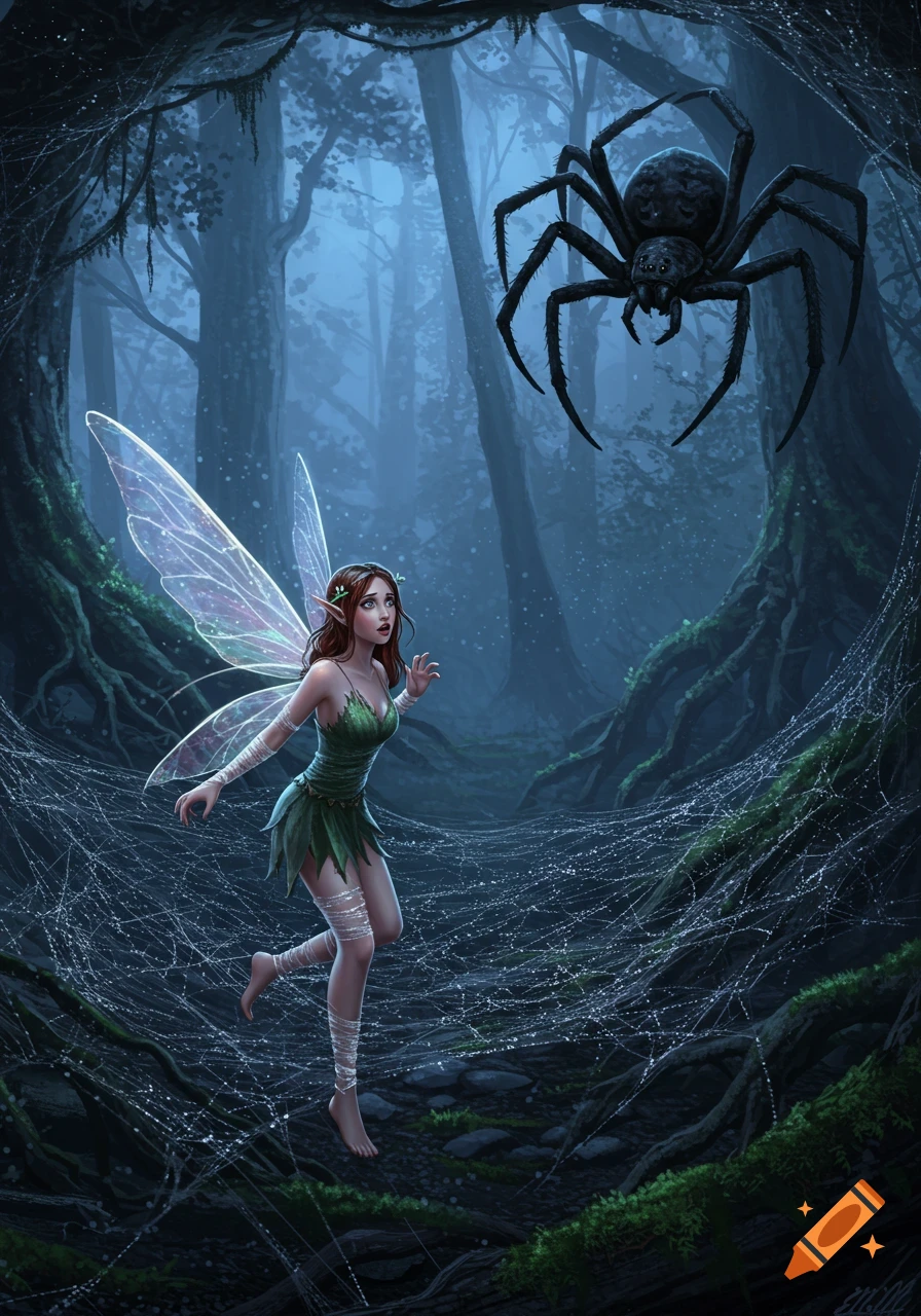 A scared fairy in a green dress with translucent wings is caught in a spiderweb in a dark forest, looking up at a huge black spider.