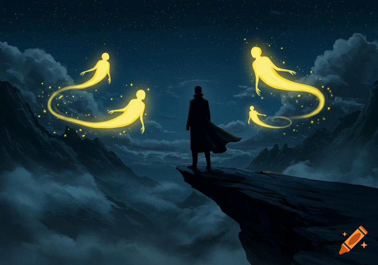 A mysterious man in a long coat stands on a cliff edge at night, looking at glowing yellow spirits floating above misty mountains under a starry sky.