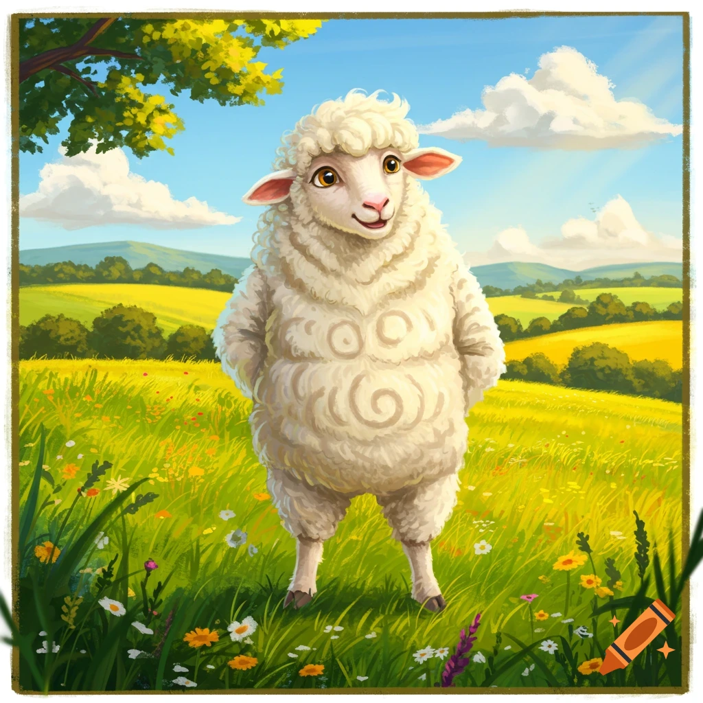 A cute, fluffy cartoon sheep stands smiling in a vibrant green meadow filled with wildflowers under a blue sky.