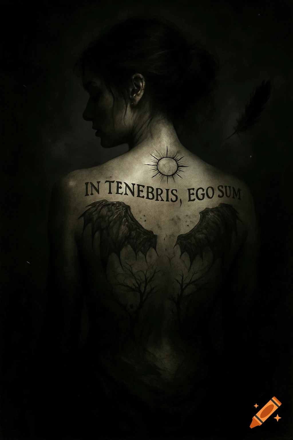 Rear view of a woman with 'In Tenebris, Ego Sum' text and dark, gnarled wings tattooed on her back in a moody, dark fantasy style.