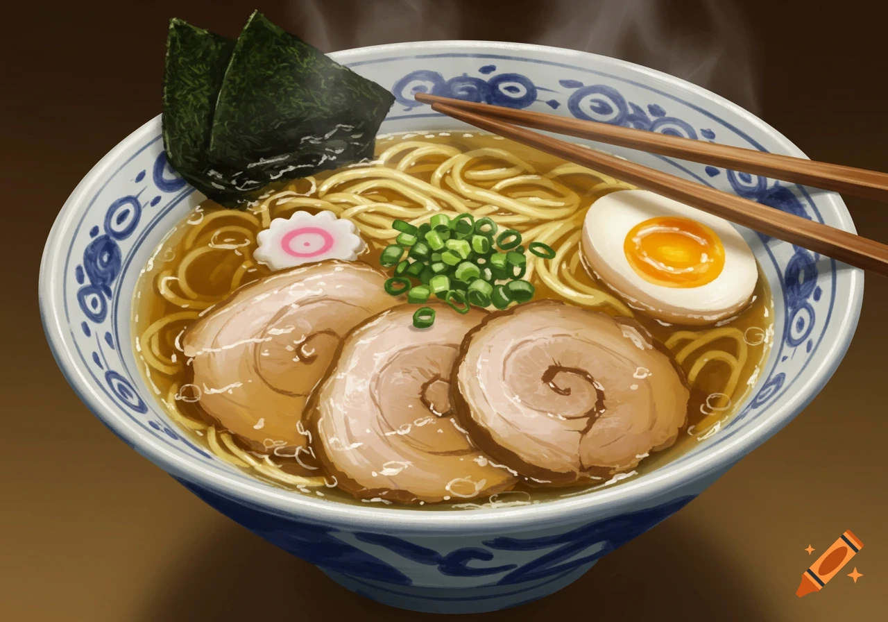 Illustrated bowl of steaming ramen with noodles, sliced pork, soft-boiled egg, green onions, narutomaki, and nori, with chopsticks.