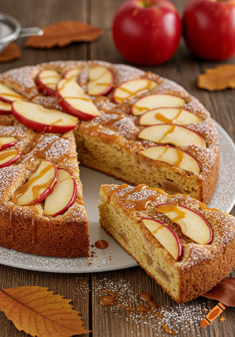 A slice of apple cake with caramel drizzle and powdered sugar, next to the rest of the cake on a wooden table with apples and leaves.