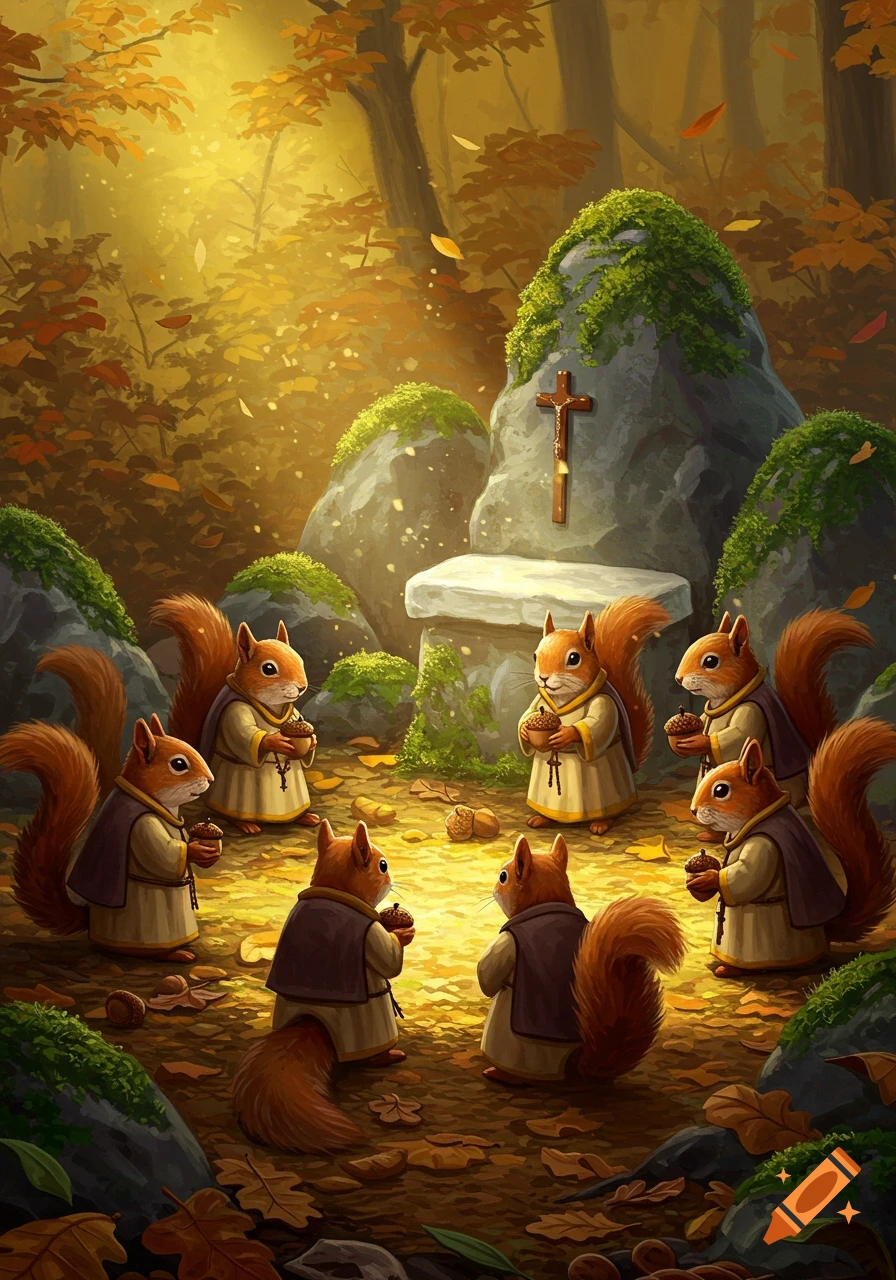 Whimsical illustration of six monk squirrels holding acorns, gathered around a cross on a stone altar in a sunlit autumn forest.