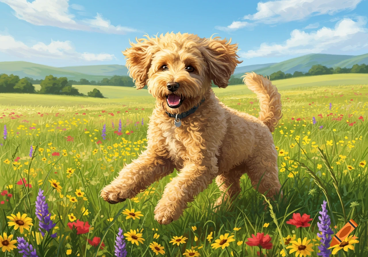 A happy, fluffy light brown Labradoodle dog bounding through a vibrant field of colorful wildflowers under a blue sky.