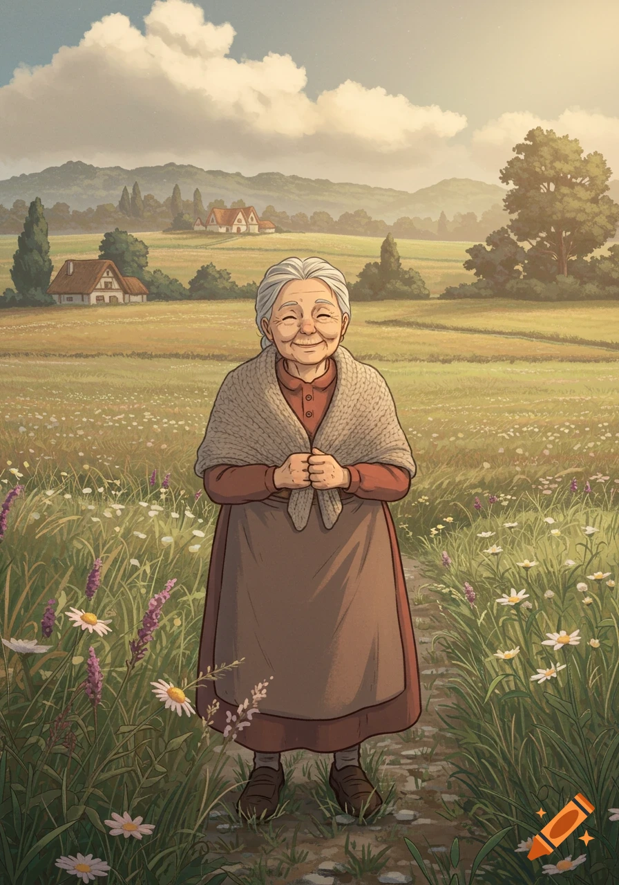 Happy elderly woman in a Ghibli-style animated rural landscape with wildflowers and distant houses under a cloudy sky.