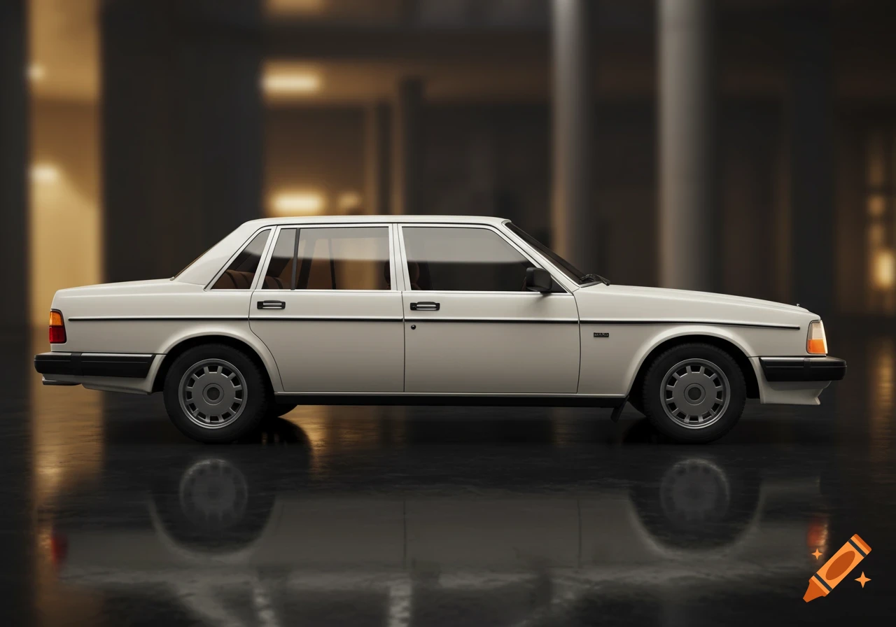 A photorealistic rendering of a pearl white Volvo sedan, viewed from the side, parked in a dimly lit garage with reflections.