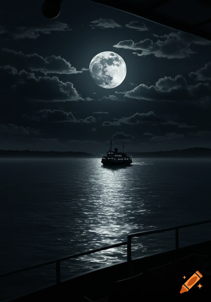 A ferry boat sails on dark water under a large, bright full moon and cloudy night sky, casting a reflective path.