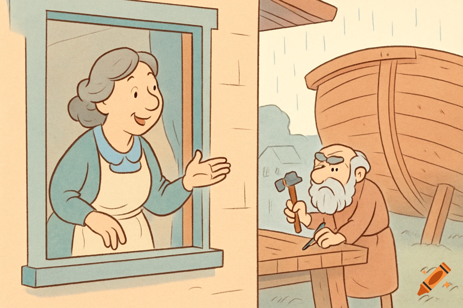 Cartoon of Mrs. Noah speaking from a window to Noah, who is exasperatedly building the ark in the rain outside.