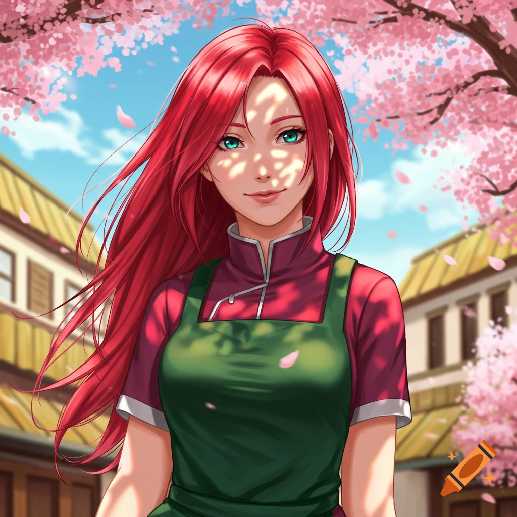 An anime woman with long red hair and green eyes smiles in a green apron under pink cherry blossoms, traditional buildings behind her.