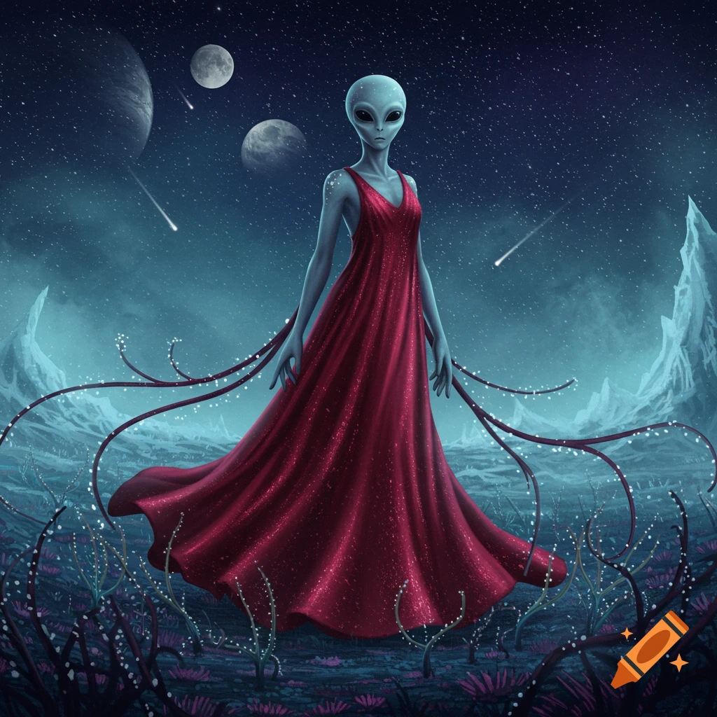 A grey alien in a shimmering red dress stands on an alien planet under a cosmic sky with moons and shooting stars.